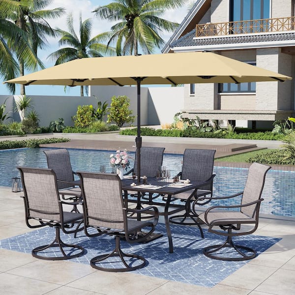 PHI VILLA Black 8-Piece Metal Rectangle Patio Outdoor Dining Set with Slat Table and Textilene Swivel Chairs