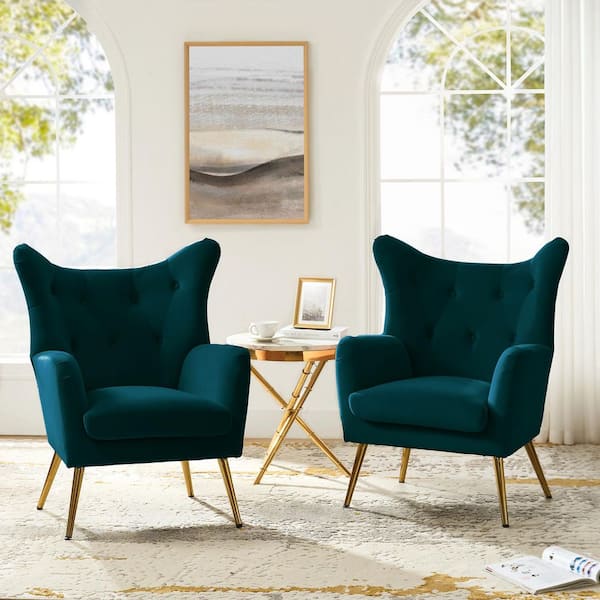 JAYDEN CREATION Jacob Golden Leg Teal Wingback Chair with Tufted Back (Set of 2)