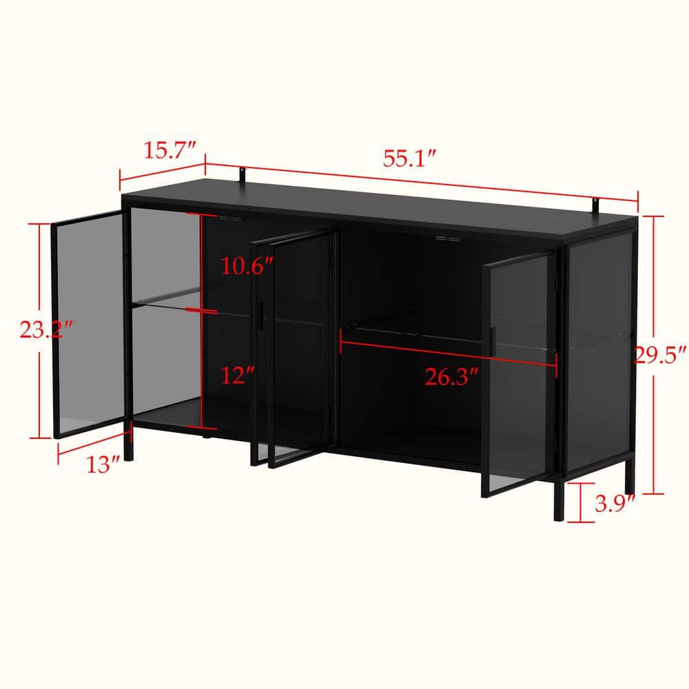 Black Wood Accent Cabinet with Glass Doors and LED Lighting