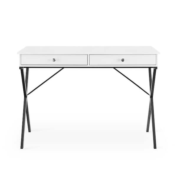 Unbranded 43.2 in. White MDF 2-Drawers Writing Desk with Black Stoving Varnsih Steel Frame