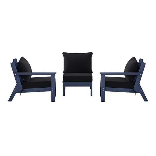 Birchwood Navy Blue Arrangeable 3-Piece HDPE Deep Seating Outdoor Patio Conversation Sofa Armchair Set w/Black Cushions