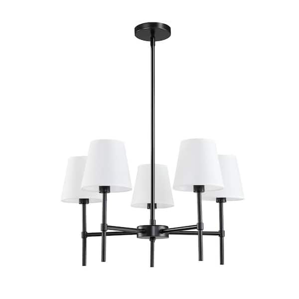 KAISITE 5-Light Black Modern Chandelier for Dining Room with Fabric Shade Height Adjustable Chandelier Light Fixture