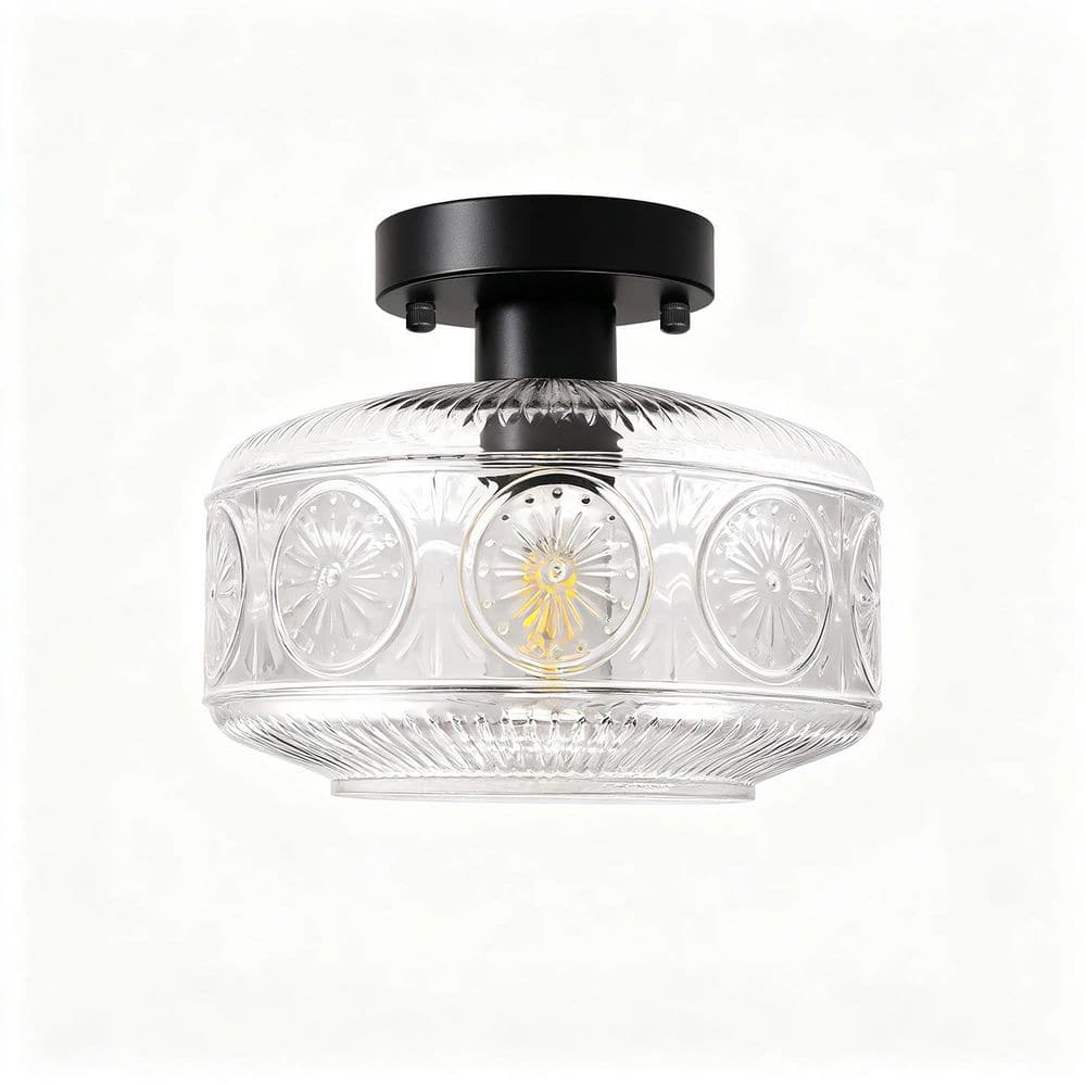 9.3 in. Drum Matte Black Semi-Flush Mount Ceiling Light with Textured Glass Shade, Modern Ceiling Fixture for Foyer price history on PriceWatchPro