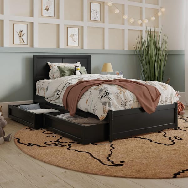 Lylah Black Wood Frame Twin Platform Bed with Panel Footboard and Storage Drawers