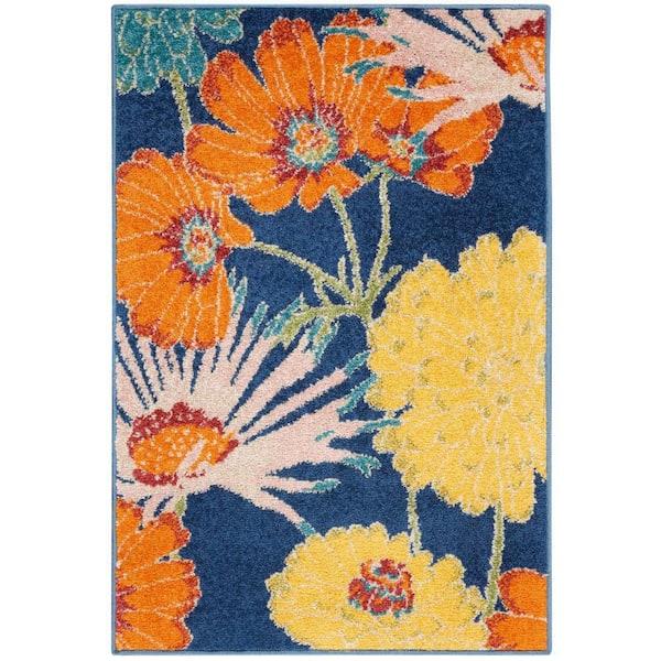 Nourison Allur Navy Multicolor doormat 2 ft. x 3 ft. Botanical Contemporary Kitchen Rug