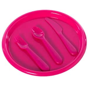 Pink Reusable Cutlery Set of 4 Plastic Plates, Spoons, Forks and Knives for Baby and Toddlers