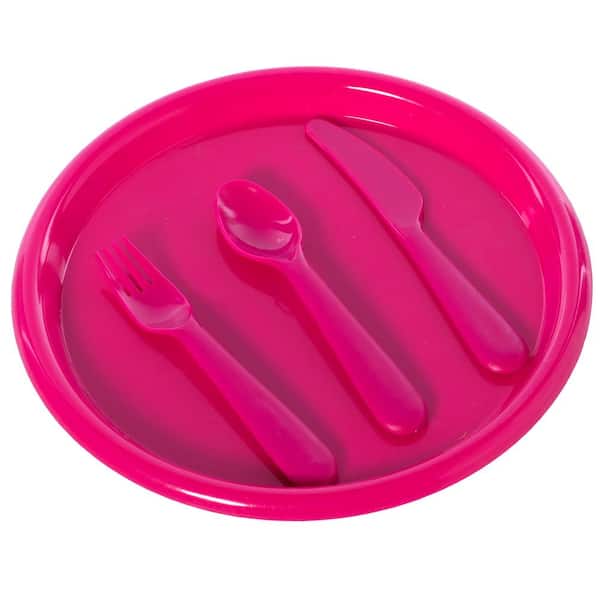 Basicwise Pink Reusable Cutlery Set of 4 Plastic Plates, Spoons, Forks and Knives for Baby and Toddlers