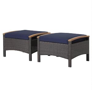 Wicker Outdoor Ottoman Footrest with Navy Cushions Wooden Handle (2-Pack)