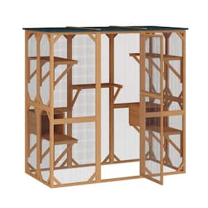 Chicken Coop Fir Wood, Large Wooden Cats Catio Cat Cage Enclosur with 7 Platform and 2 Resting Box, Weatherproof Log