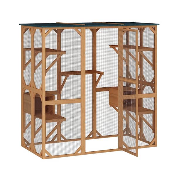 FUFU&GAGA Chicken Coop Fir Wood, Large Wooden Cats Catio Cat Cage Enclosur with 7 Platform and 2 Resting Box, Weatherproof Log