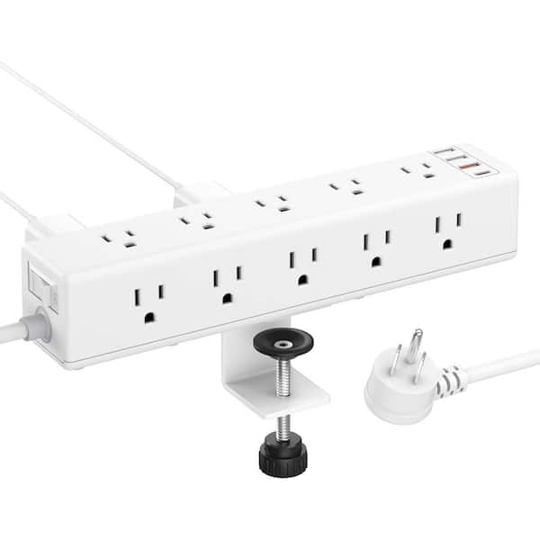 Ahfiwaso 6 ft. Desk Clamp Surge Protector Power Strip, Widely Spaced 15 AC Outlets, Fast Charging USB-A and USB-C Ports, White