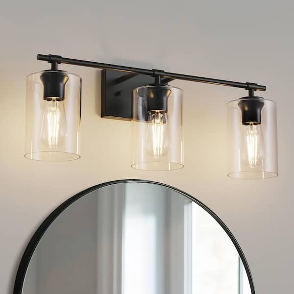 YANSUN 24 in. 3-Light Black Vanity Light with Clear Cylinder Glass Shades for Bathroom, Living Room, Entryway