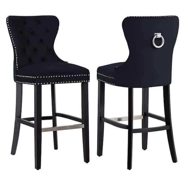 WESTINFURNITURE Harper 29 in. Black Velvet Tufted Wingback Kitchen Counter Bar Stool with Black Solid Wood Frame (Set of 2)