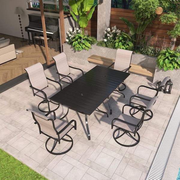 8-Piece Steel Textiliene Swivel Chair Square Table 28.5 in. H Patio Dining Set with Umbrella Hole