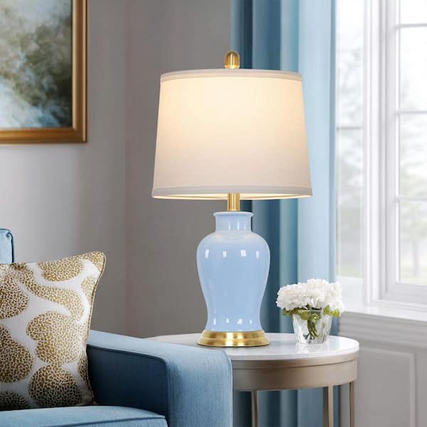 Cinkeda 23 in. Ceramic Blue No Dimmable Table Lamps Set with Gold