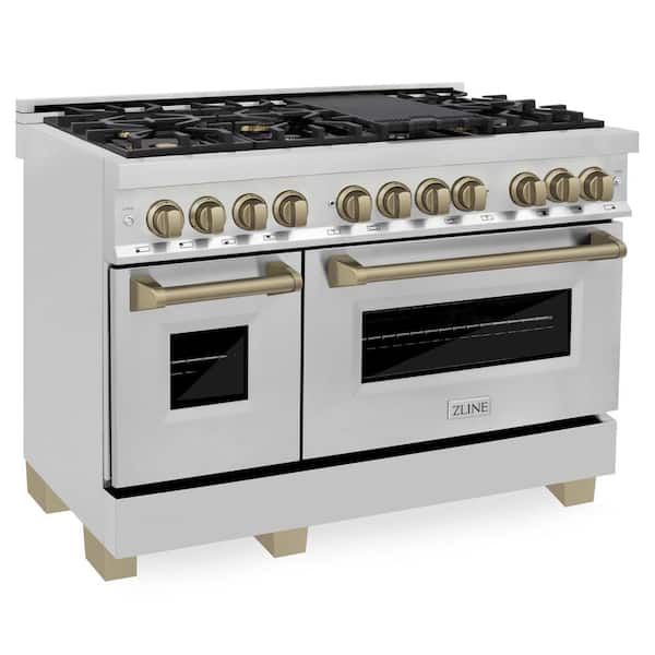 ZLINE Kitchen and Bath Autograph Edition 48 in. 7 Burner Double Oven Dual Fuel Range in Stainless Steel and Champagne Bronze