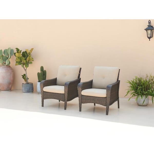 Gymojoy Brentwood Brown Wicker Outdoor Chair with Beige Cushions (2-Pack)