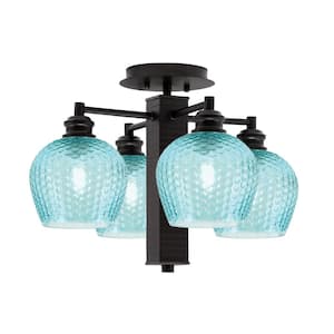 Albany 17.75 in. 4-Light Espresso Semi-Flush with Turquoise Textured Glass Shades