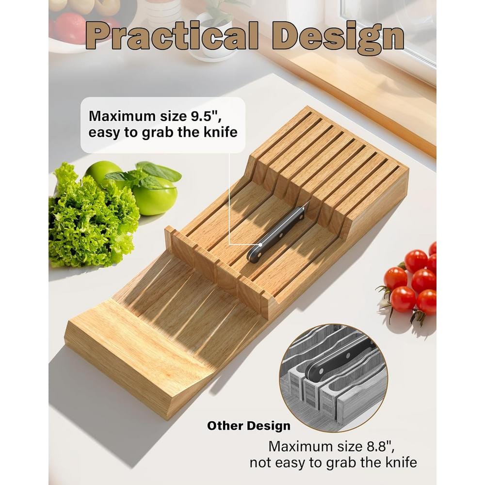Natural Rubber Wood 18-Slot In-Drawer Knife Block Organizer
