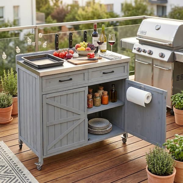 Gray Blue Stainless Steel Top 39.4 in. Rolling Kitchen Island with 4 Wheels, Drawer, Storage