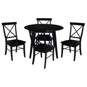 Set of 5-pcs - 42 in. Black Drop-Leaf Solid Wood Table and 4-Side Chairs