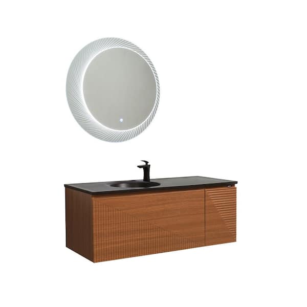 Simon 48 in. W x 21 in. D x 19 in. H Floating Bathroom Vanity with Black Quartz Sand Top in Natural Oak Assembled
