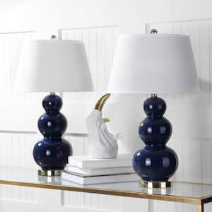 Pamela 27 in. Navy Triple Gourd Ceramic Table Lamp with Off-White Shade (Set of 2)