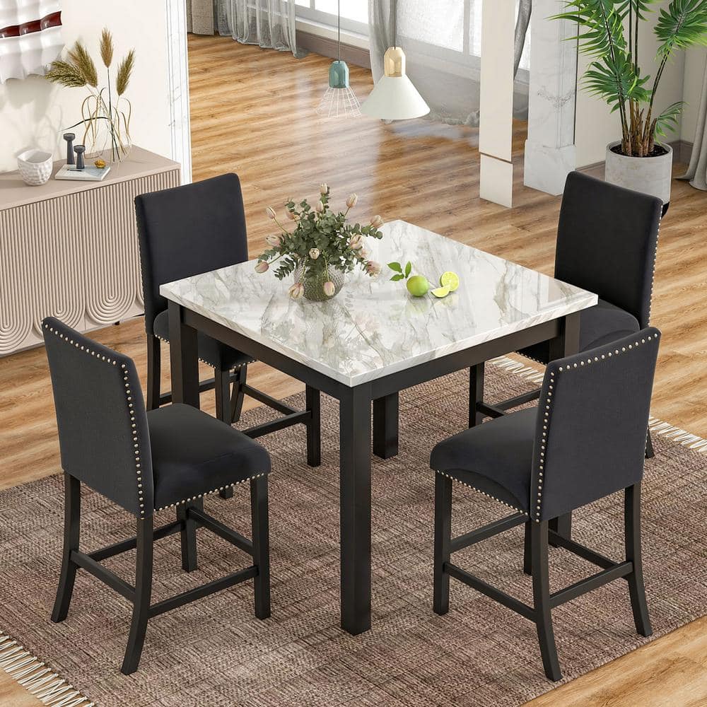 5-Piece Square Wood Tabletop Black and Faux Marble Paper Finish Counter Height Table Set Dining Set