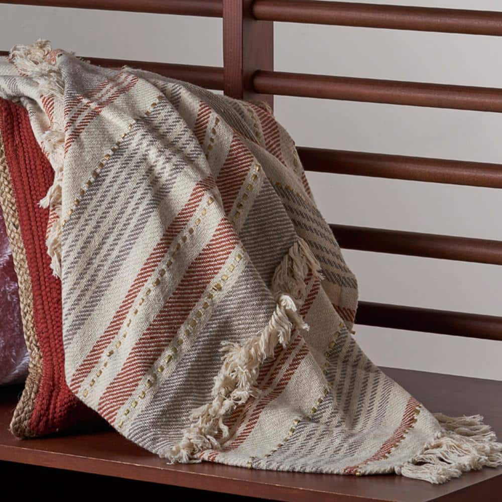 Rust and Gray Striped Cotton Knitted Throw Blanket