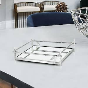 13.25 in. Bamboo Style Rectangle Metal Mirror Silver Decorative Tray