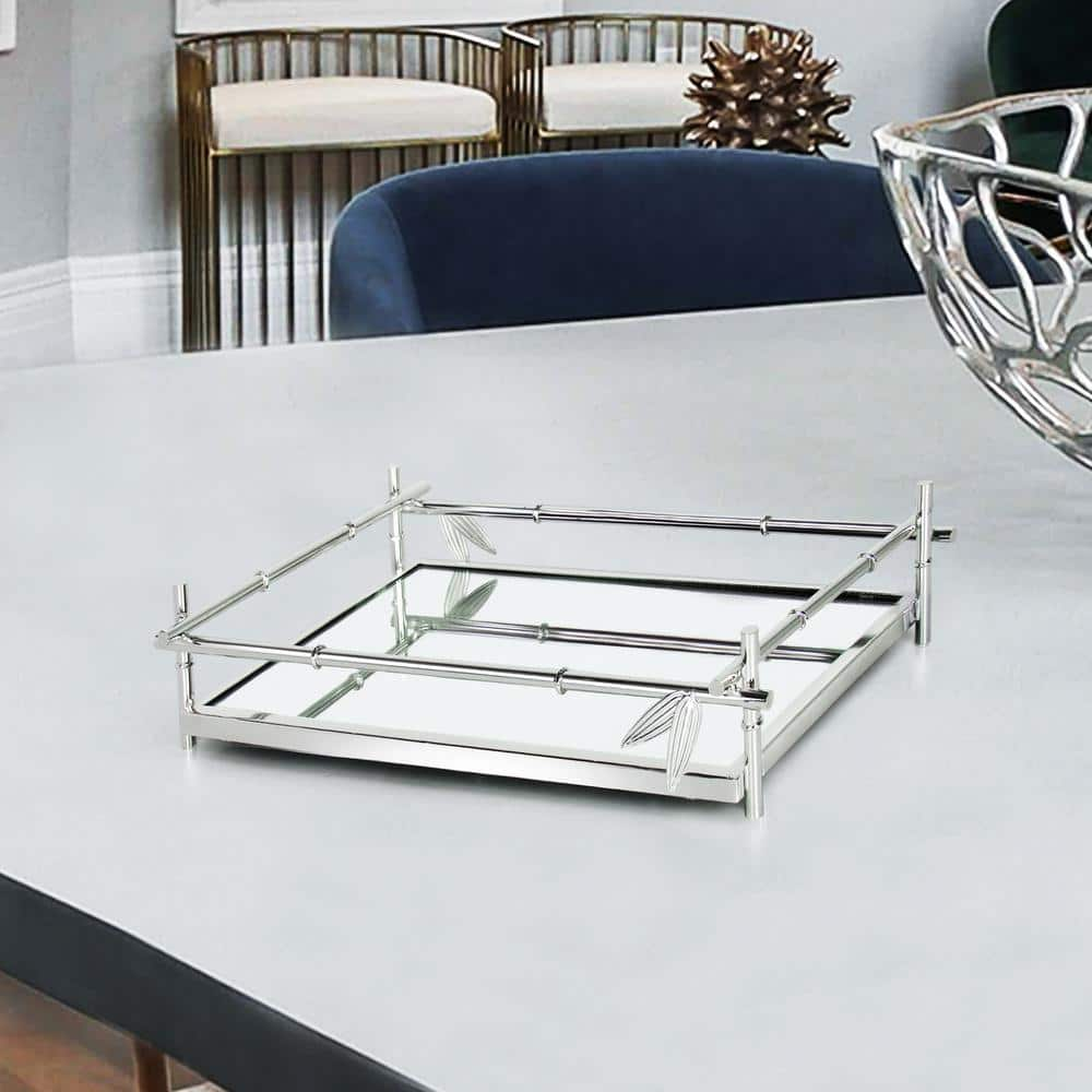 13.25 in. Bamboo Style Rectangle Metal Mirror Silver Decorative Tray -  LIVING LUXURY, 250816-SIL