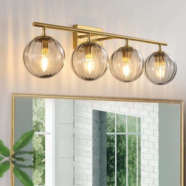 32.48 in. 4 Light Gold Modern Globe Vanity Light with Clear Crystal Glass Shade