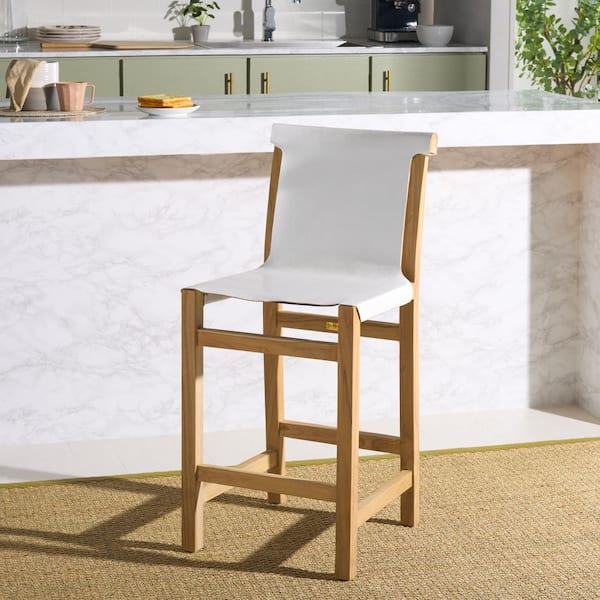 Arian 39.8 in. H White/Natural Wood Bar Stool with Leather Seat
