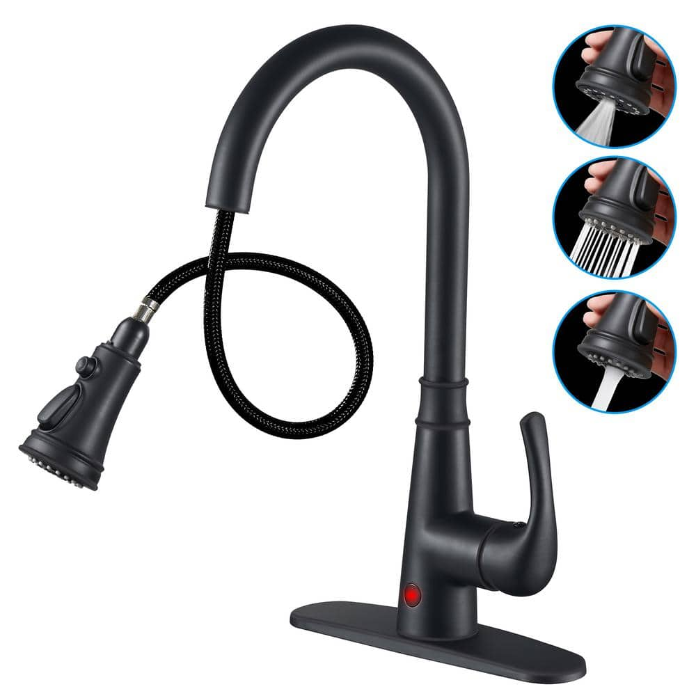 Zalerock Touchless Gooseneck Single Handle Pull Down Sprayer Kitchen Faucet with Deckplate Pull Out Sink Faucet in Matte Black