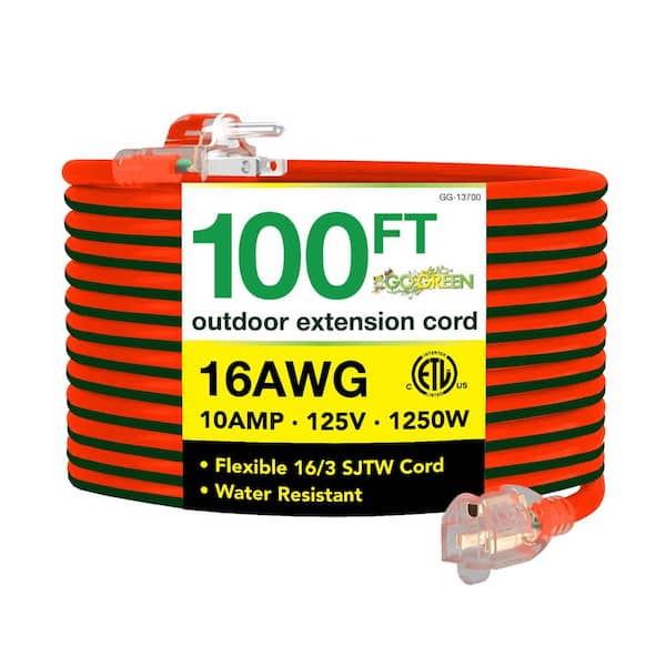 GoGreen Power 100 ft. 16/3 SJTW Outdoor Extension Cord - Orange with Lighted Green Ends