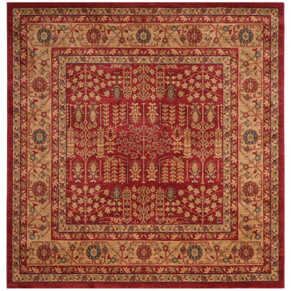 Mahal 3 ft. x 3 ft. Square Red/Natural Antique Floral Border Area Rug