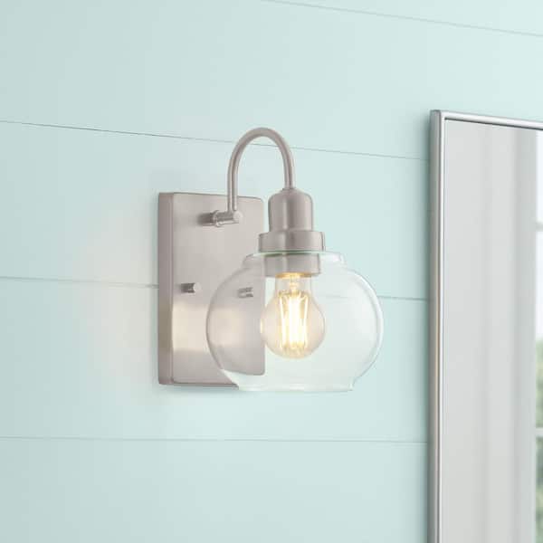 Halyn 4.5 in. 1-Light Brushed Nickel Indoor Wall Sconce with Clear Glass Shade