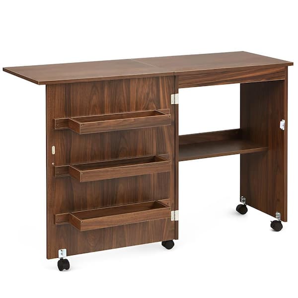 Gymax Folding Sewing Craft Table Shelf Storage Cabinet Home Furniture  W/Wheels Brown