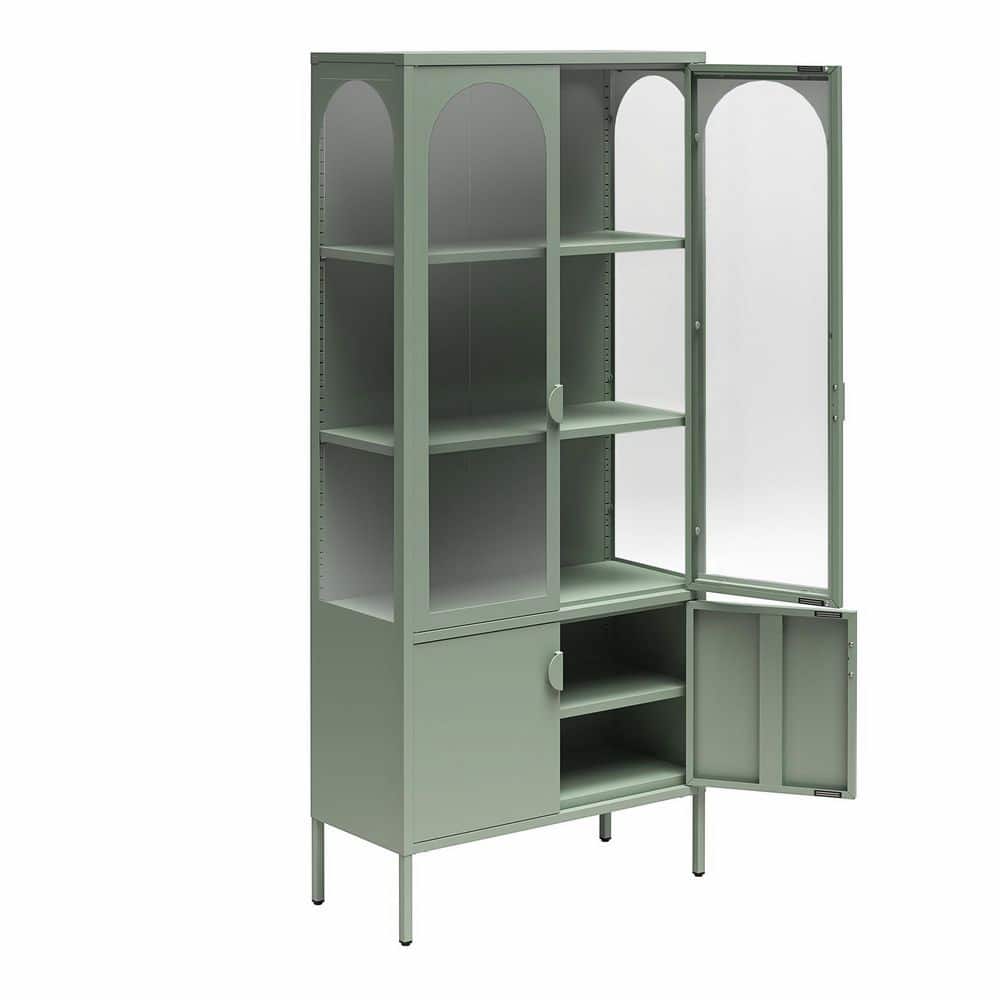 Pale Green Tall Metal Display Cabinet with Arched Glass Doors