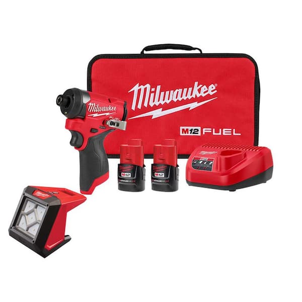 Milwaukee M12 FUEL 12-Volt Lithium-Ion Brushless Cordless 1/4 in. Hex Impact Driver Kit with M12 LED Flood Light