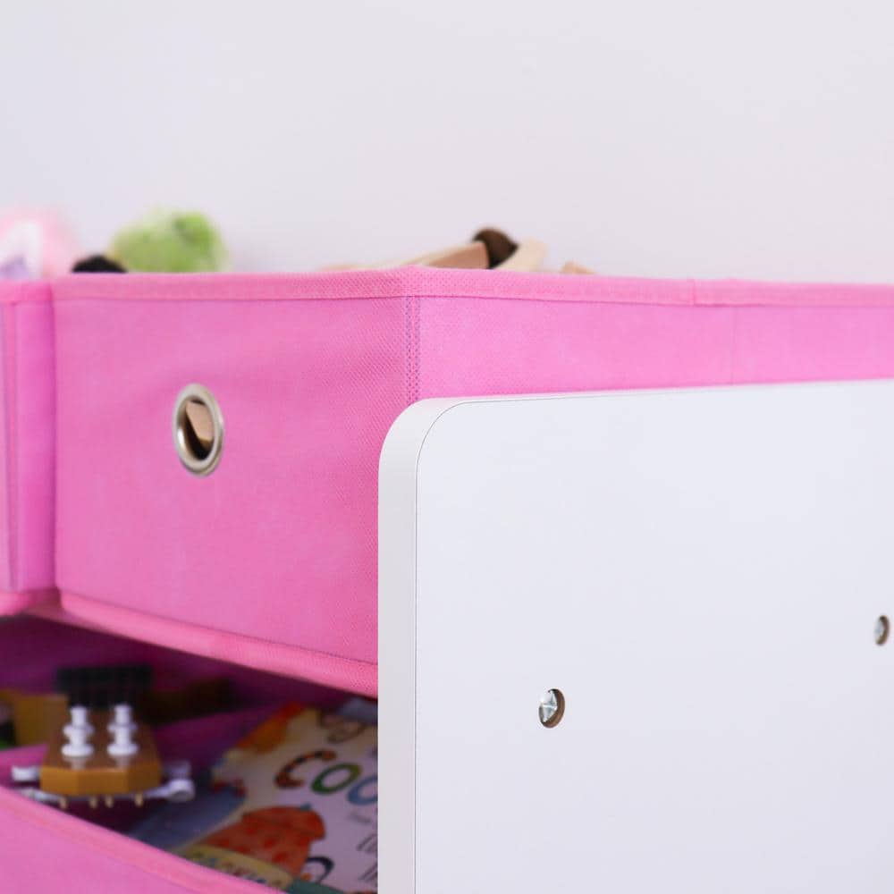 White and Pink 3-Tier Kids Storage Organizer with Fabric Bins