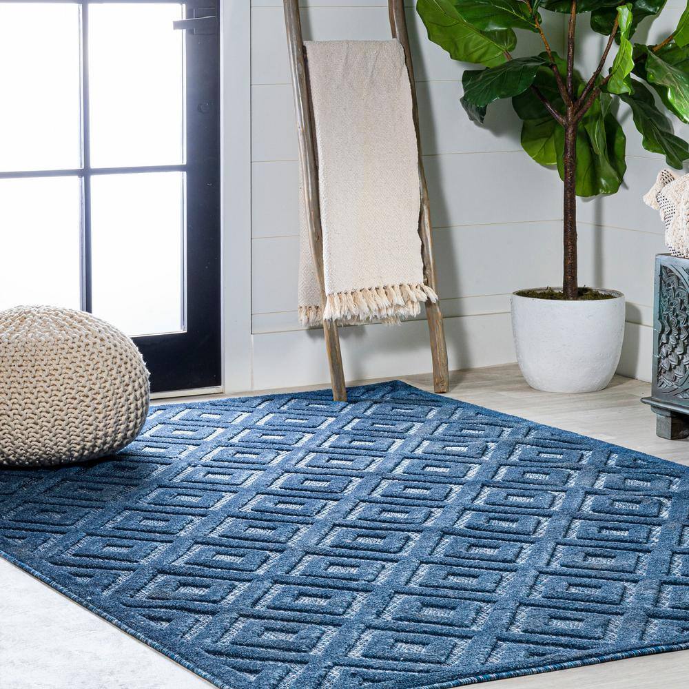 Navy Geometric Synthetic Rectangular Indoor/Outdoor Area Rug