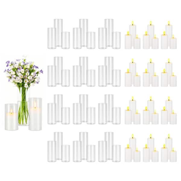Pillar Candles and Glass Vases, Clear Cylinder Hurricane Candle Holders, Decorative Tall Vases, White, Set of 72