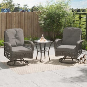 Livorna Gray 3-piece Steel Wicker Patio Swivel Chair Set with Dark Gray Cushions