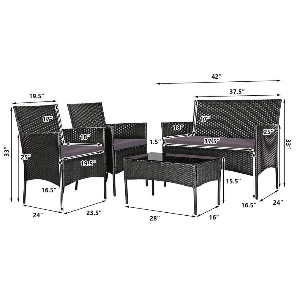 Gray and Off-White 4-Person Rattan Outdoor Sofa Set with Tempered Glass Table