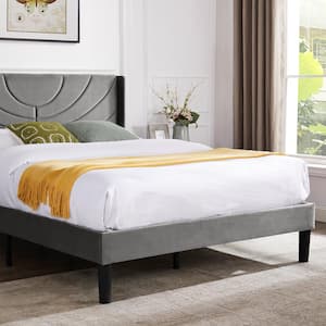 Upholstered Bed Gray Metal Frame Full Platform Bed with Fabric Headboard, Wooden Slats Support