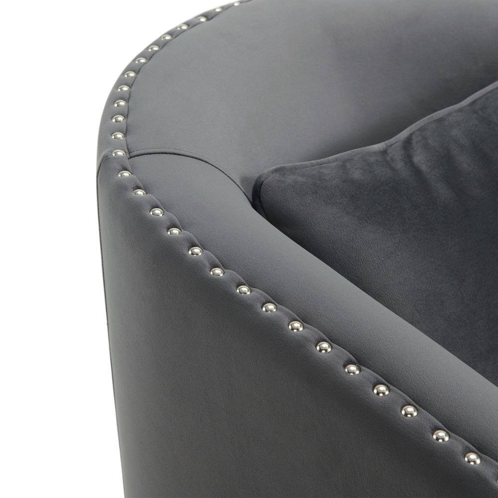 Gray Velvet Barrel Swivel Chair with Chrome Nail Head Trim