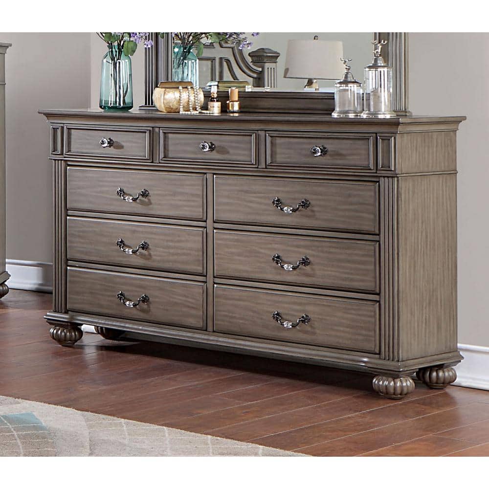 Gray Solid Wood 9-Drawer Horizontal Dresser with Metal Handles