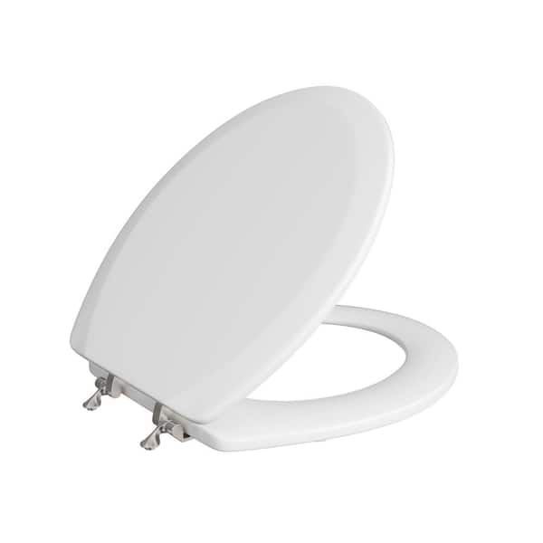 JONES STEPHENS Deluxe Molded Wood Round Closed Front Toilet Seat with Cover and Brushed Nickel Hinge in. White