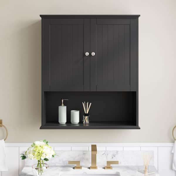 26 in. W x 8 in. D x 29.5 in. H Bathroom Storage Wall Cabinet in Black with Adjustable Shelf and Soft-Closing Hinges